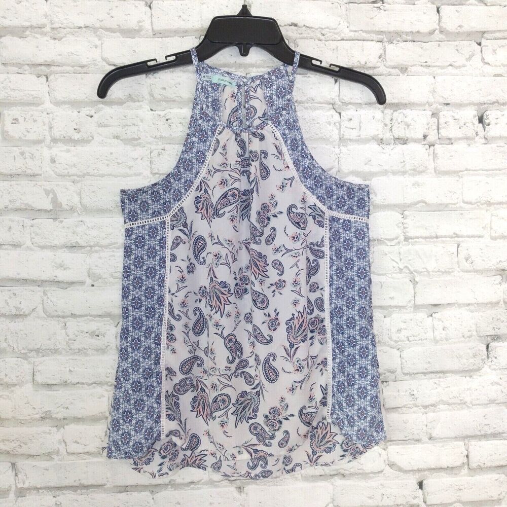 Maurices Blouse Womens XS White Blue Floral Paisley Crochet Keyhole Halter Boho